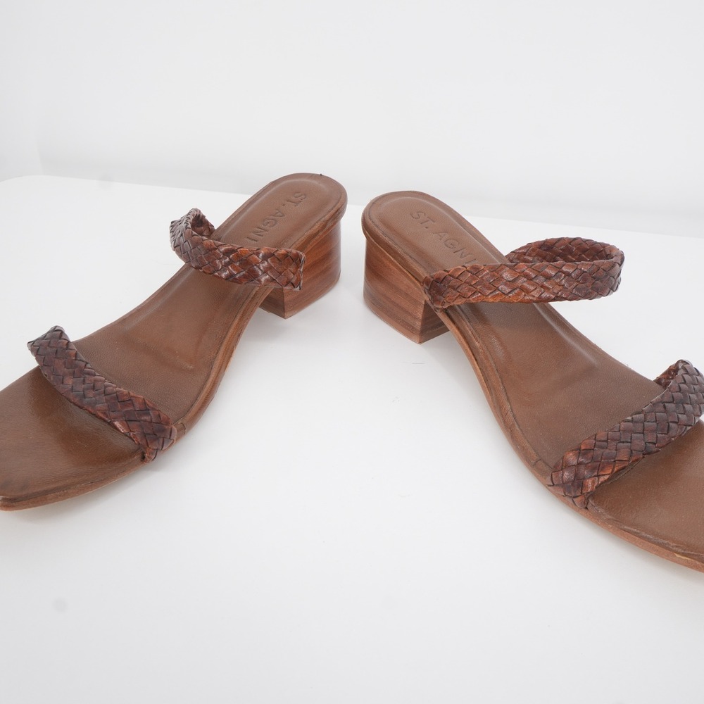 St. Agni Woven Leather Block Heel Sandals Women 39 Tan Brown Square Toe Mules - Picture 4 of 6